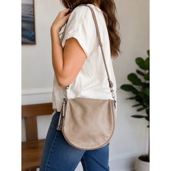 Sundance Handbags - Sundance Leather Saddle Bag Crossbody Purse Taupe Made in Italy Boho Rounded